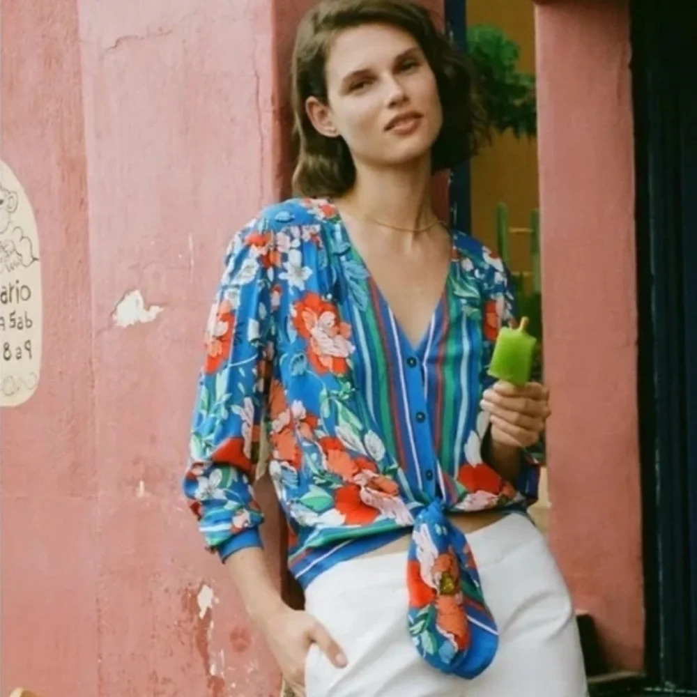 Maeve Blue Floral Stripe Tie-Front Button Down Shirt